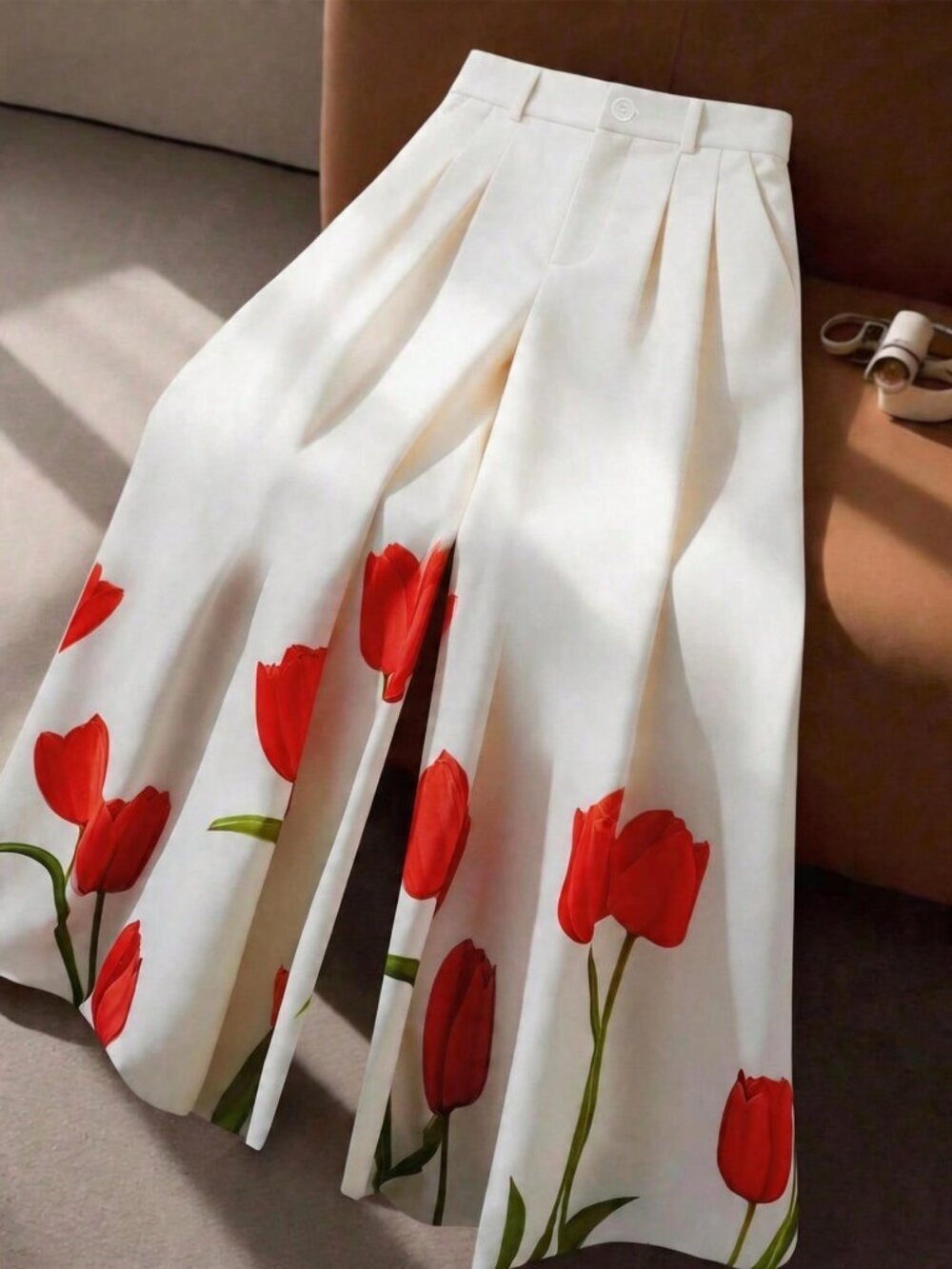 Red Elegant Women's Plus Size Floral Color Block wide legged Pants
